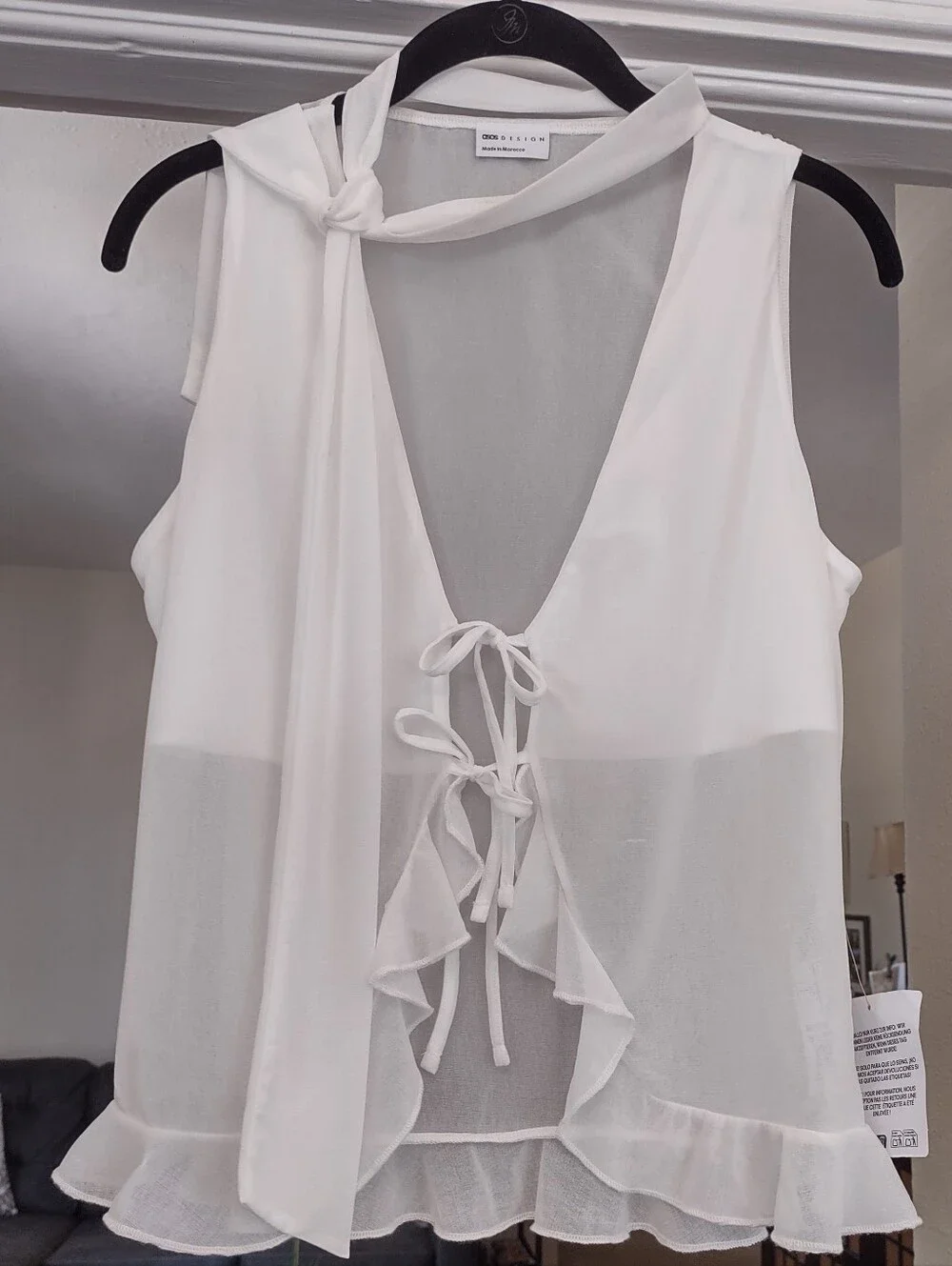 ASOS Design Ivory Ruffle Vest Top w/ Scarf Tie-Front Sz Medium Romantic Glam - Picture 3 of 7